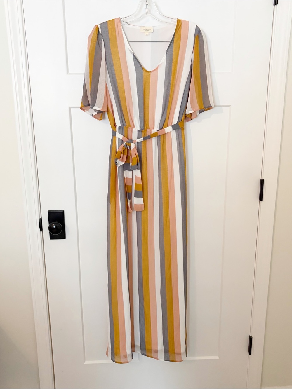orange creek Striped V-Neck Maxi Dress in Mustard, White & Gray size medium